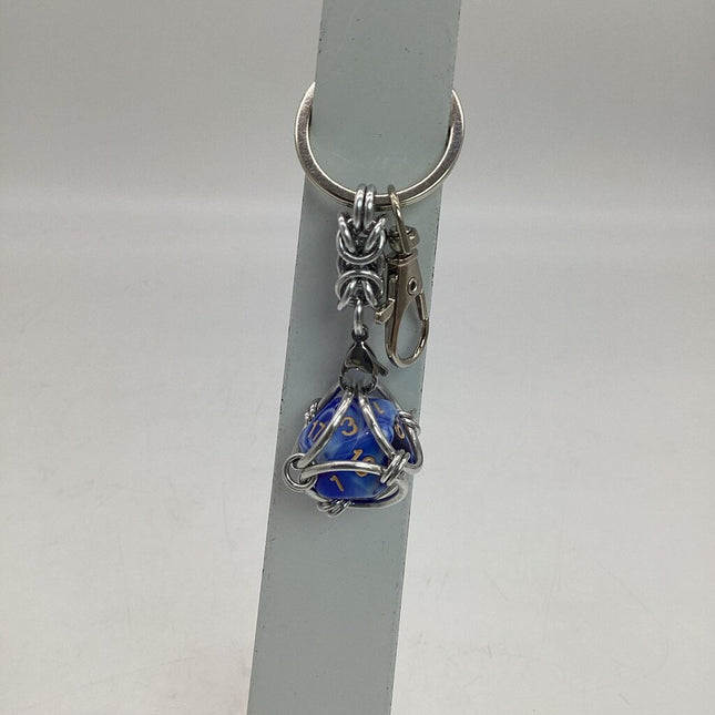 Caged D20 Keychain - Light Blue White Marble D20, Silver Byzantine