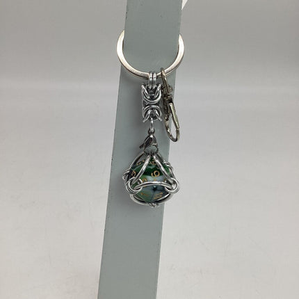 Caged D20 Keychain - Green White Marble D20, Silver Byzantine