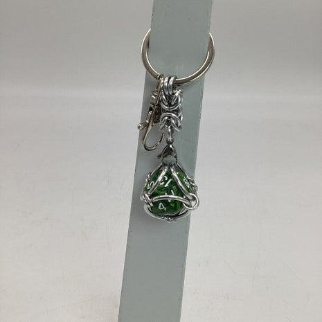 Caged D20 Keychain - Olive Green Marble D20, Silver Byzantine
