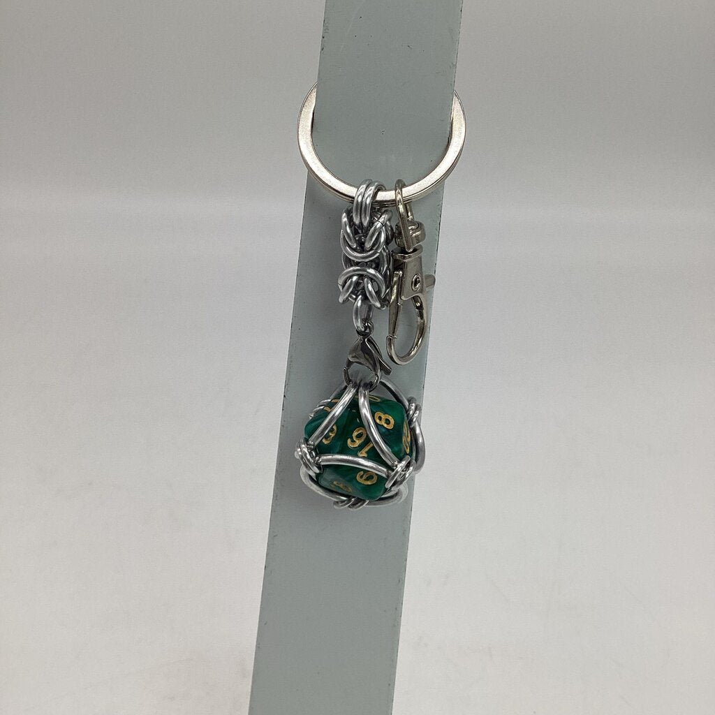 Caged D20 Keychain - Dark Green Marble D20, Silver Byzantine