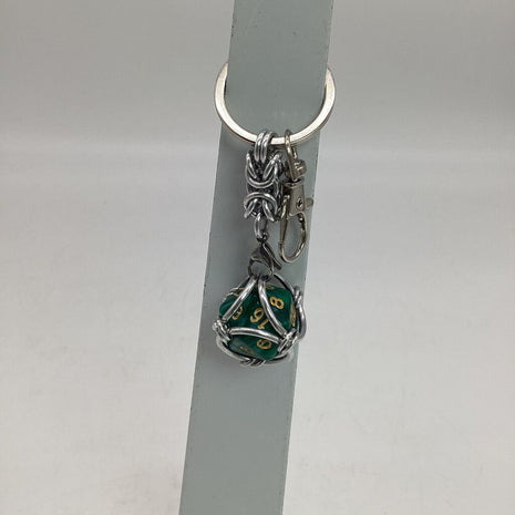 Caged D20 Keychain - Dark Green Marble D20, Silver Byzantine
