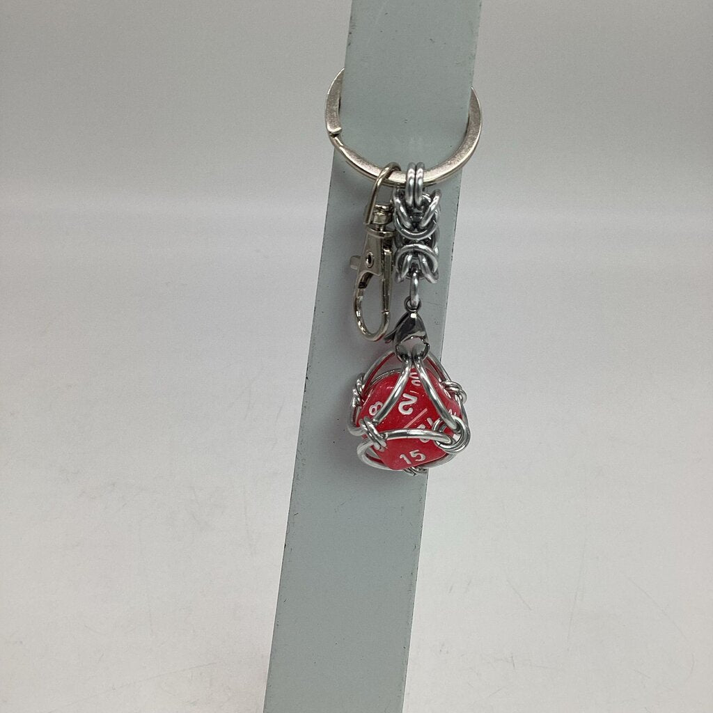 Caged D20 Keychain - Sparkly Pink Marble D20, Silver Byzantine