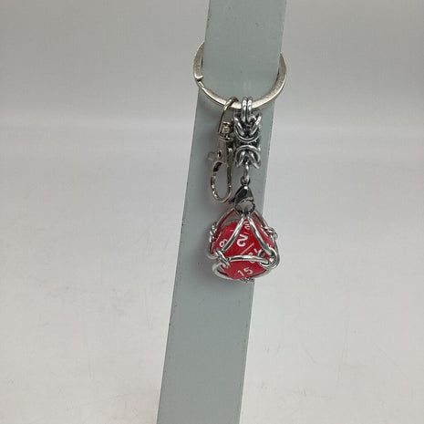 Caged D20 Keychain - Sparkly Pink Marble D20, Silver Byzantine