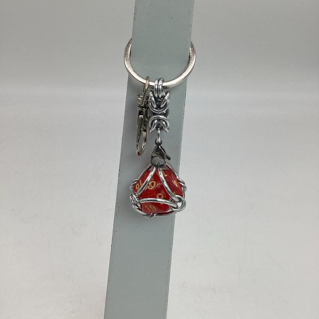 Caged D20 Keychain - Red Marble D20, Silver Byzantine