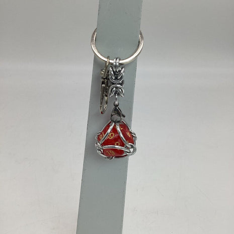 Caged D20 Keychain - Red Marble D20, Silver Byzantine
