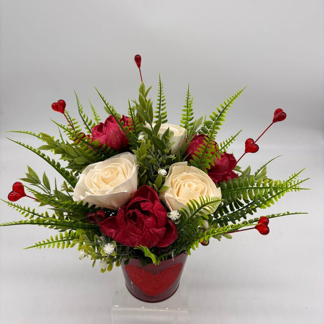 Red Heart Tin Filled with Red and White Sola Wood Flowers