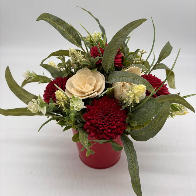 Red Tin with Red and White Sola Wood Flowers
