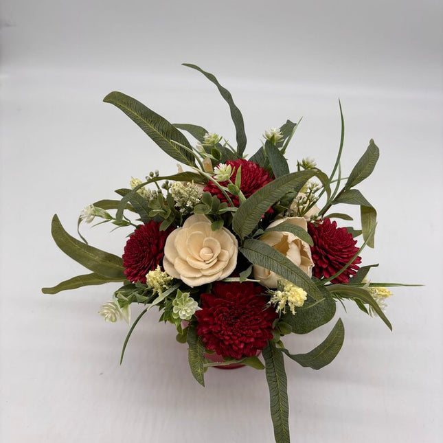 Red Tin with Red and White Sola Wood Flowers