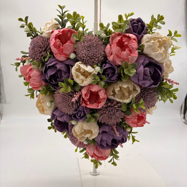 Heart Basket Filled with Pink, Purple and White Sola Wood Flowers