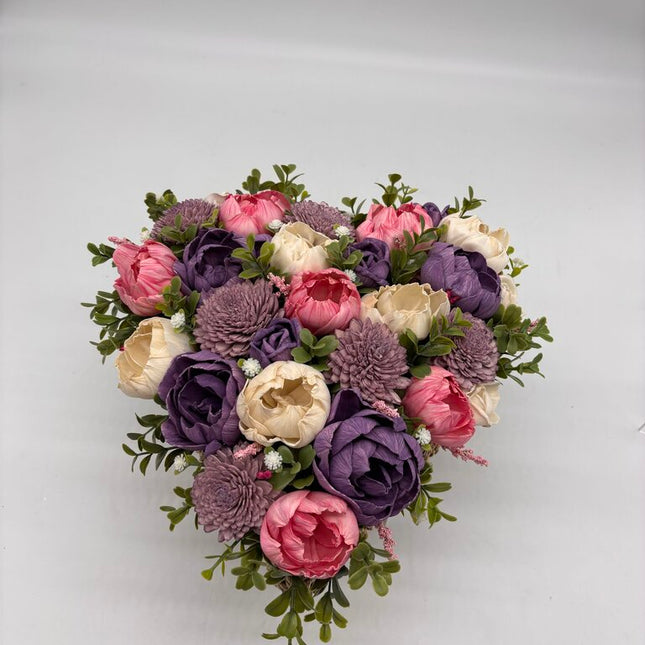 Heart Basket Filled with Pink, Purple and White Sola Wood Flowers
