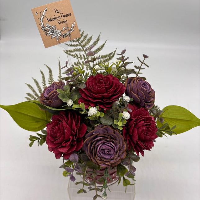 Red Glass Vase with Maroon and Purple Sola Wood Flowers