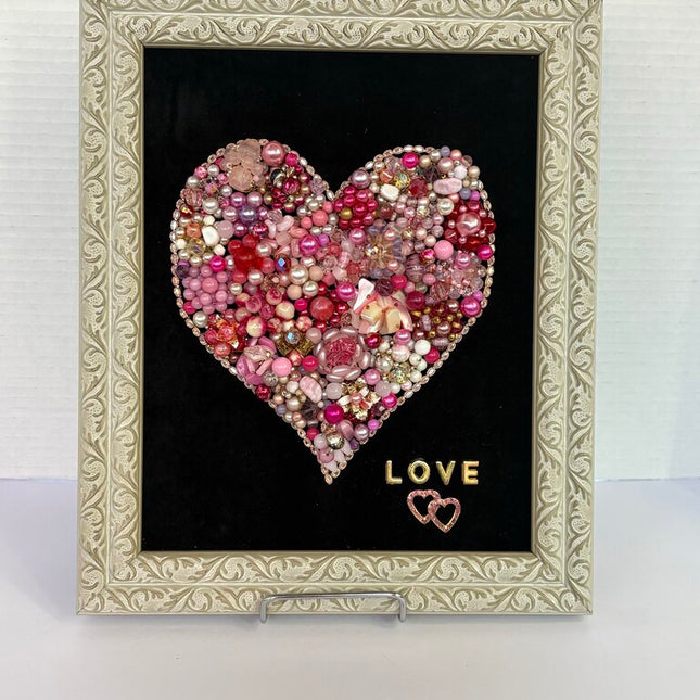 HEART made w/ vtg pink tones cluster earrings and beads 10X12 white wood frame "LOVE"