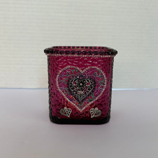 PINK 3 X4 glass tea light (includes light-vtg hearts & rhinestones