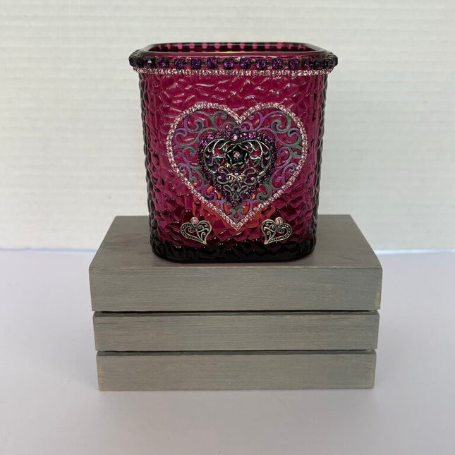 PINK 3 X4 glass tea light (includes light-vtg hearts & rhinestones