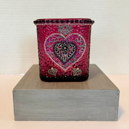 PINK 3 X4 glass tea light (includes light-vtg hearts, rhinestones & MOM
