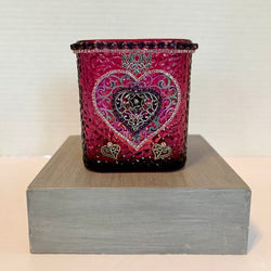 DARK PINK 3 X4 GLASS TEA LIGHT(includes light- hearts, rhinestones & MOM - view 1