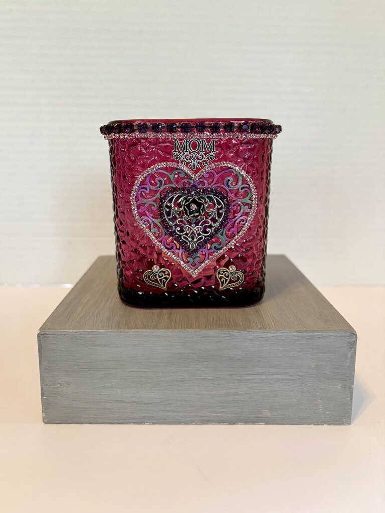 DARK PINK 3 X4 GLASS TEA LIGHT(includes light- hearts, rhinestones & MOM