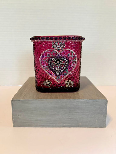 DARK PINK 3 X4 GLASS TEA LIGHT(includes light- hearts, rhinestones & MOM