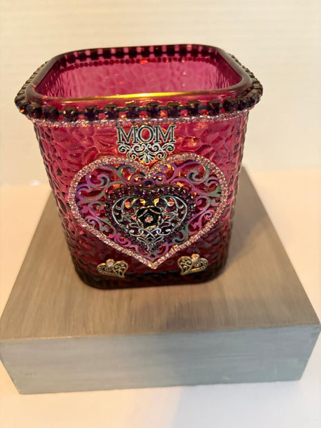 DARK PINK 3 X4 GLASS TEA LIGHT(includes light- hearts, rhinestones & MOM