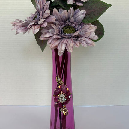TALL 10in PINKISH PURPLE VASE w/FLOWERS decorated w/beautiful jewelry