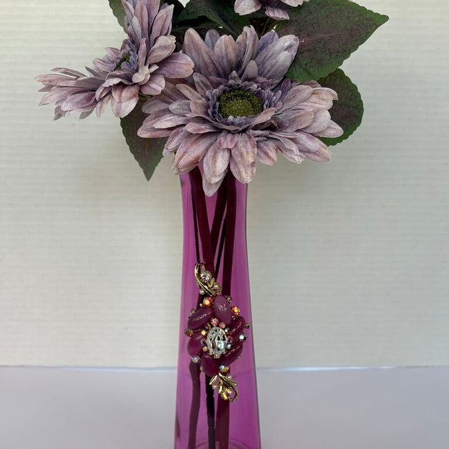 TALL 10in PINKISH PURPLE VASE w/FLOWERS decorated w/beautiful jewelry