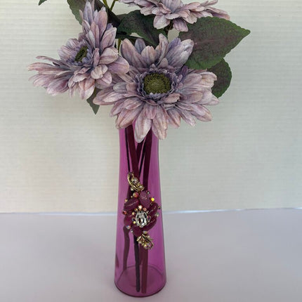 TALL 10in PINKISH PURPLE VASE w/FLOWERS decorated w/beautiful jewelry