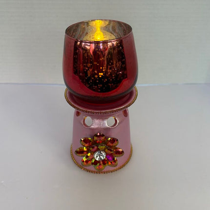 DUAL TEA LIGHT HOLDER (lights included) painted metallic pink w/flower & rhinestones