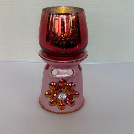 DUAL TEA LIGHT HOLDER (lights included) painted metallic pink w/flower & rhinestones