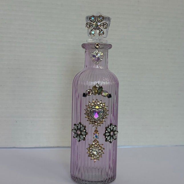 PINK 6in PERFUME bottle decorated w/ vtg jewelry