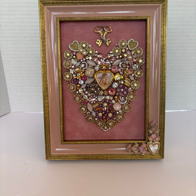 5X7 PINK FRAME w/ HEART made w/ VTG JEWELRY