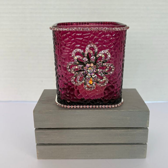 PINK 3 X4 glass tea light (includes light-vtg pink shiny flower & rhinestones