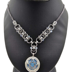 Silver Beaded Helm Weave Choker Necklace with Silver Opalite Pentacle charm - view 1