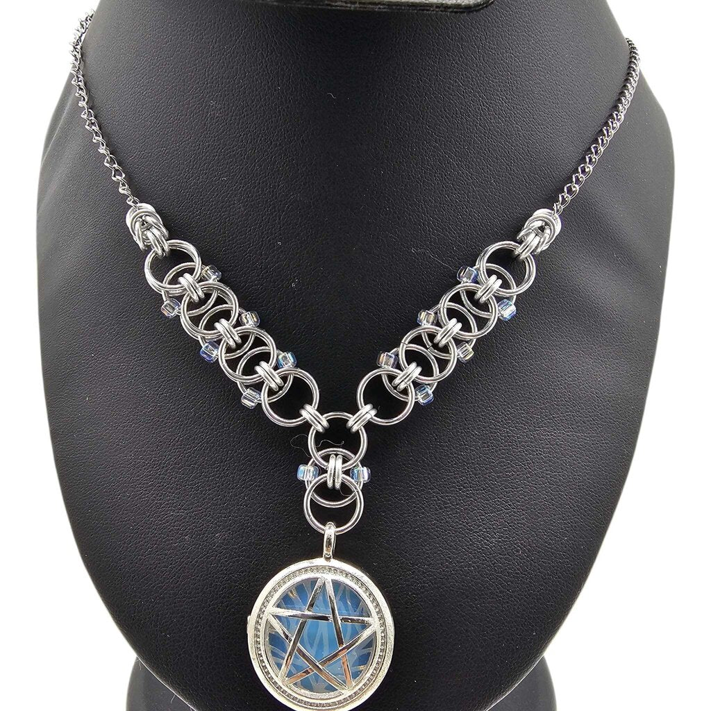 Silver Beaded Helm Weave Choker Necklace with Silver Opalite Pentacle charm