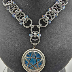 Silver Beaded Helm Weave Choker Necklace with Silver Opalite Pentacle charm - view 2