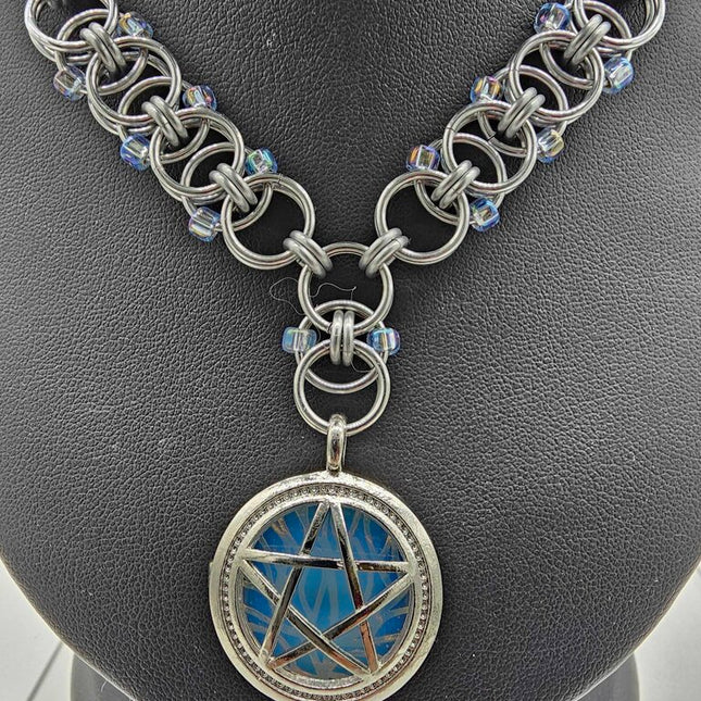 Silver Beaded Helm Weave Choker Necklace with Silver Opalite Pentacle charm