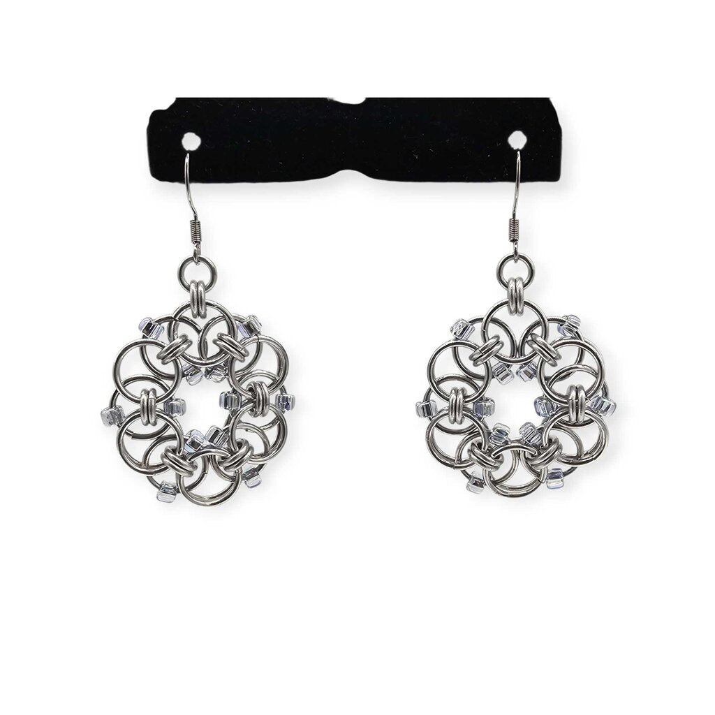 Silver Beaded Helm Flower Earrings, Surgical Steel Ear Wires