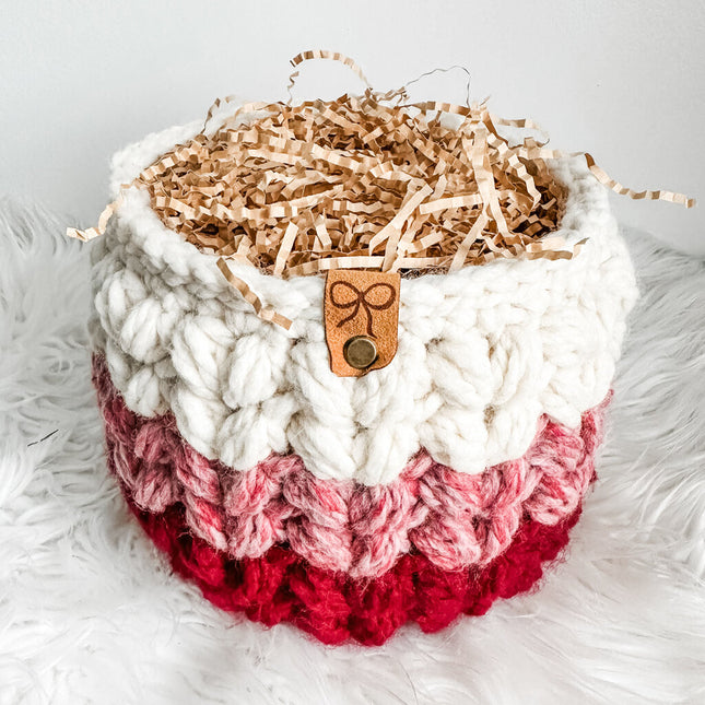 Large Valentine's Puff Stitch Basket with Bow Tag