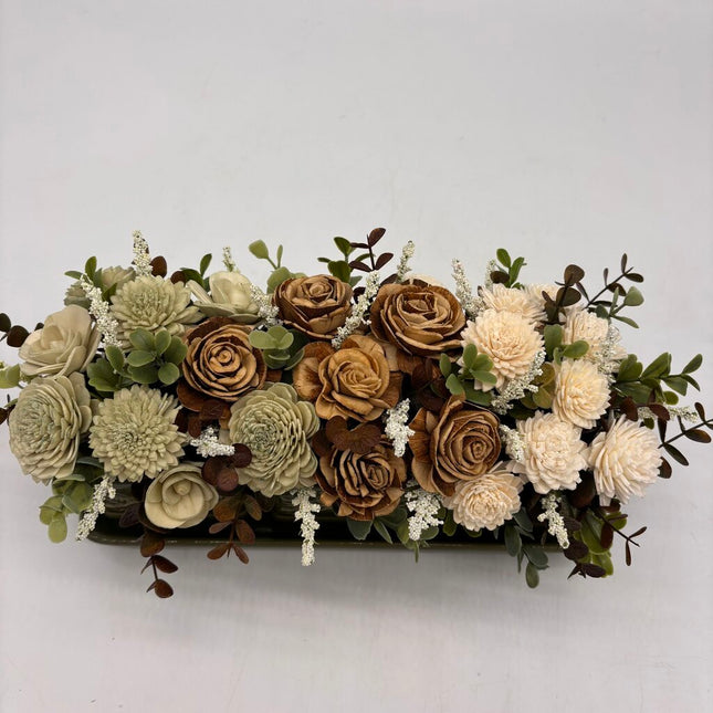 Long Green Dish with Green, Tan and White Sola Wood Flowers