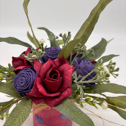 Pink Jar with Purple Hearts filled with Sola Wood Flowers