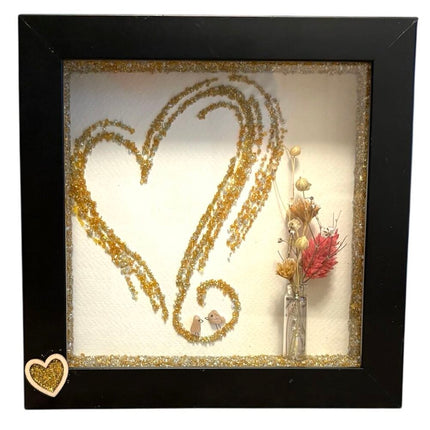 Shadowbox with Gold glitter heart with vase/flowers