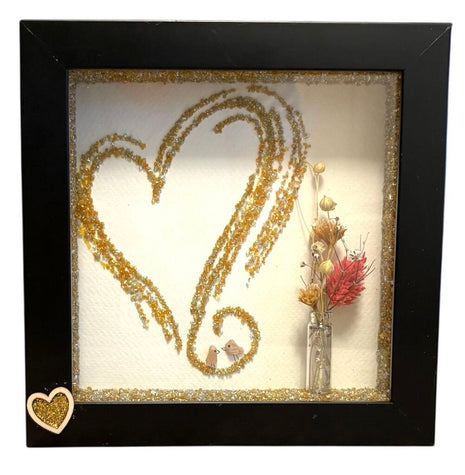 Shadowbox with Gold glitter heart with vase/flowers
