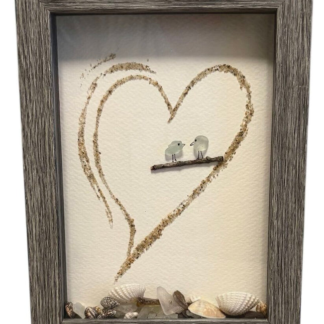 shadowbox, sand heart with 2 sea glass birds on branch