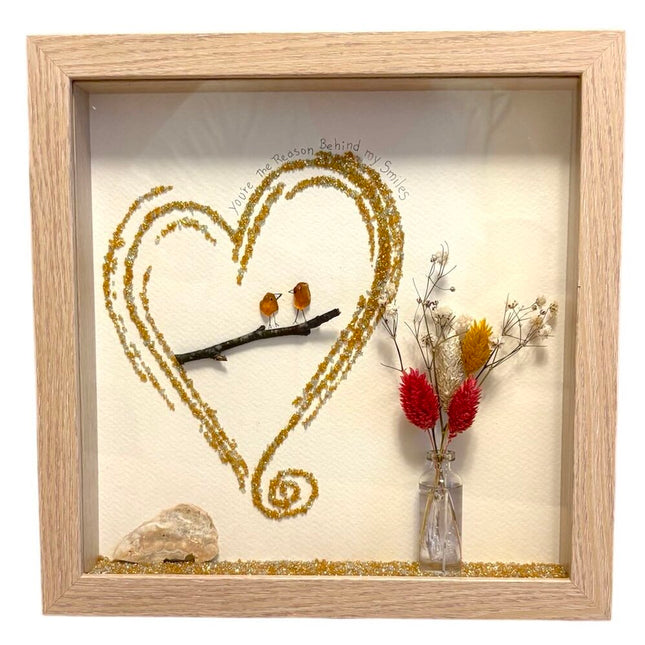 shadowbox, gold glitter heart with 2 glass birds on branch, vase