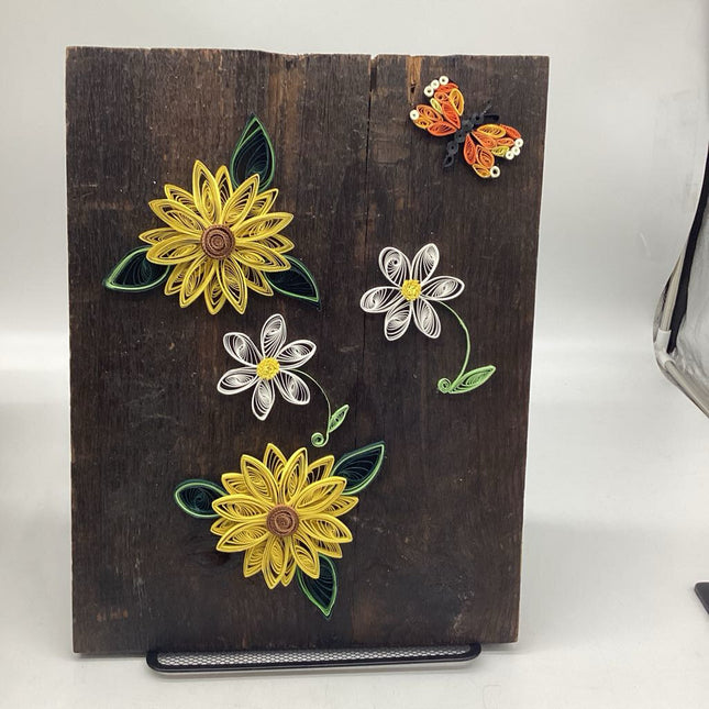 Picture on Barn Board with Sunflower, Daisies and butterfly