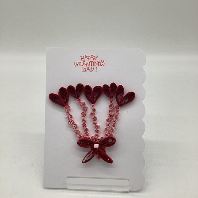valentine card with red heart balloons and bow with pink strings