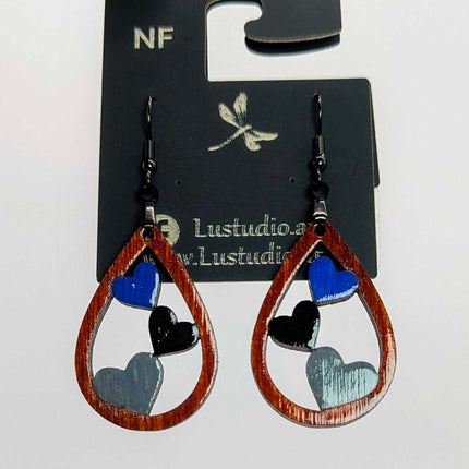 Earrings - Hearts on teardrop Blue black and gray