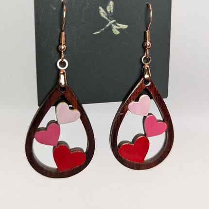 Earrings - Hearts on teardrop Pink and red