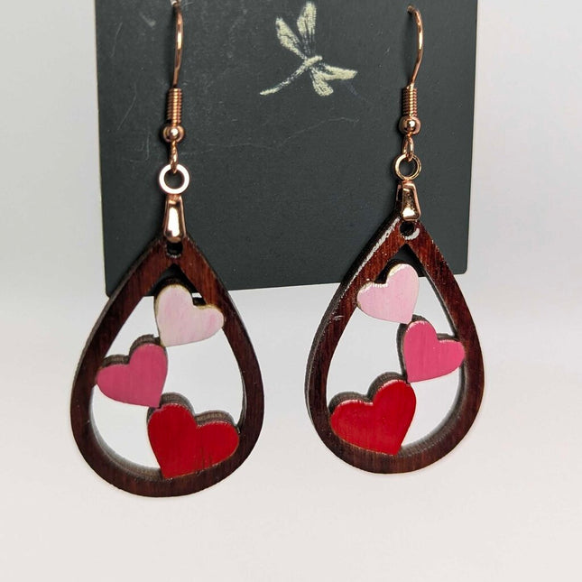 Earrings - Hearts on teardrop Pink and red