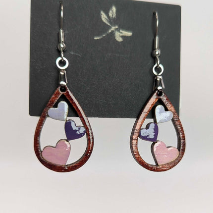 Earrings - Hearts on teardrop Pink and purple small