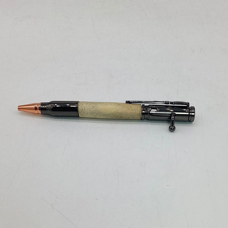 Hand Turned 30 Caliber Bullet Bolt Action Style Pen in Elk Antler